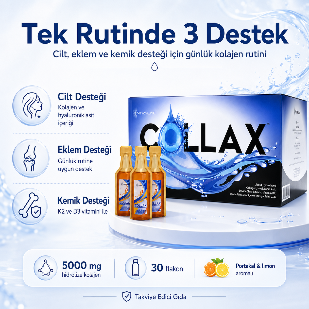Collax Kolajen 30 Flakon | Cilt, Eklem ve Kemik Desteği İçin Günlük Kolajen Rutini