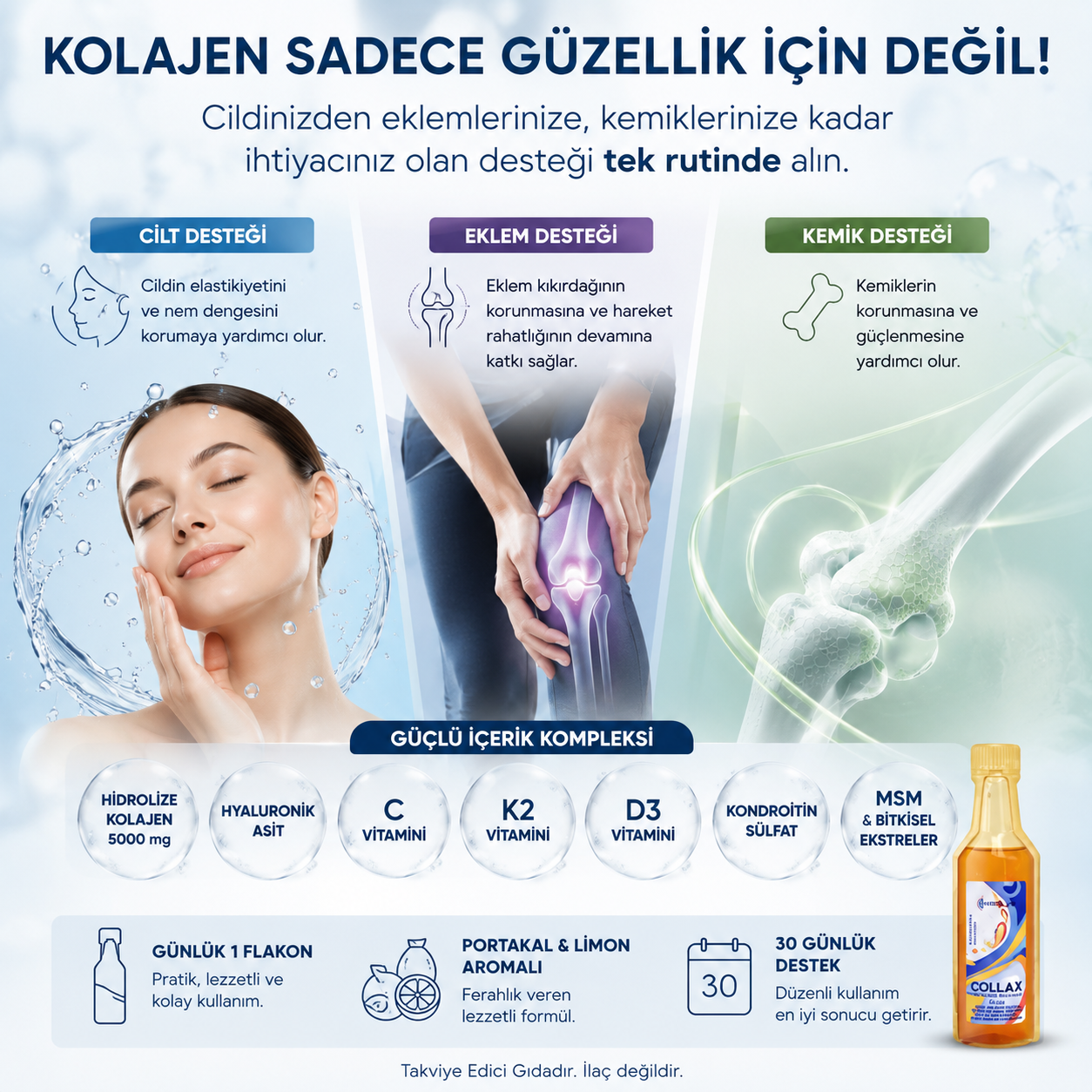 Collax Kolajen 30 Flakon | Cilt, Eklem ve Kemik Desteği İçin Günlük Kolajen Rutini