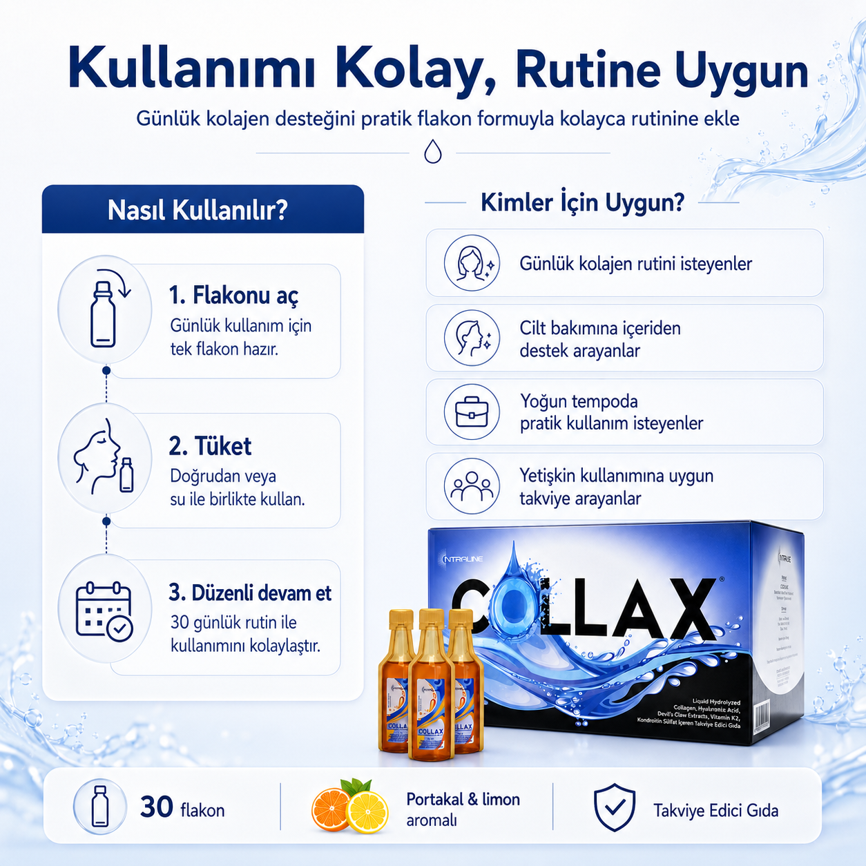 Collax Kolajen 30 Flakon | Cilt, Eklem ve Kemik Desteği İçin Günlük Kolajen Rutini
