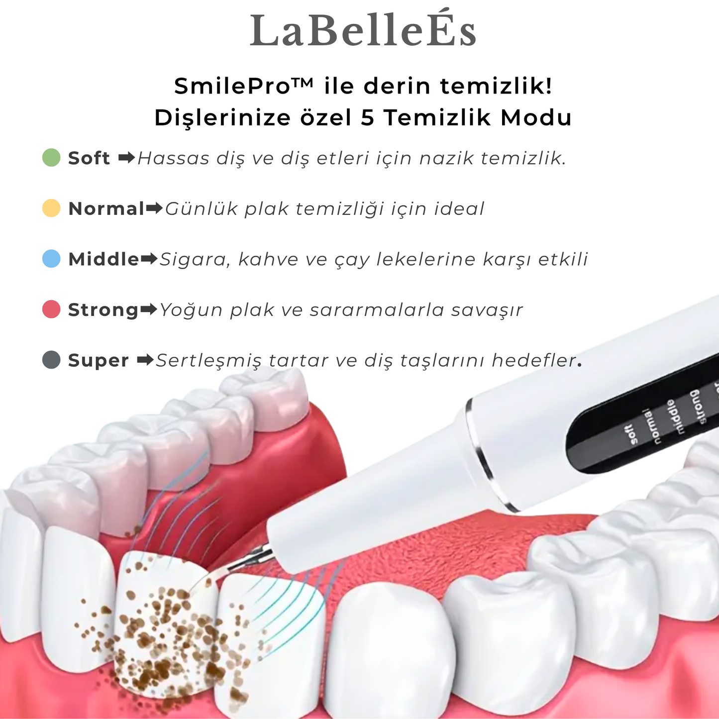 جهاز إزالة الجير بالموجات فوق الصوتية SmilePro™ من LaBelleÉs - جهاز عناية احترافي مزود بخمسة أوضاع إضاءة LED